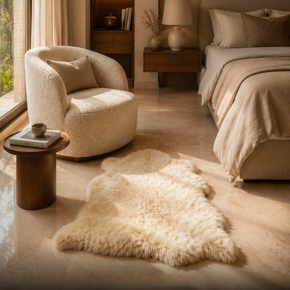 Natural sheepskin rug adding soft texture to a neutral bedroom