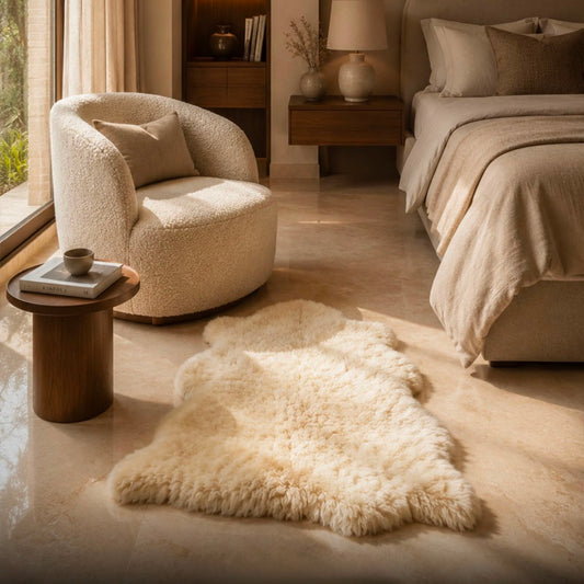 Natural sheepskin rug adding soft texture to a neutral bedroom