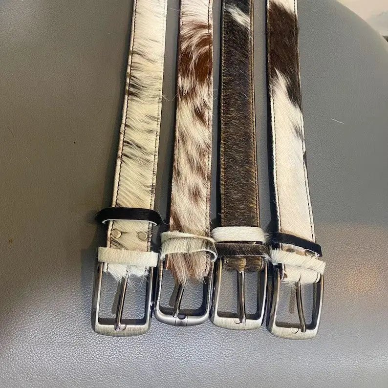 Oversized Handmade Cow - Skin Leather Belt Unisex – Real Cowhide Hair - On, Large & Durable for Men and Women | Tricolor Cowhide Leather Belts - Cowhide Kingdom