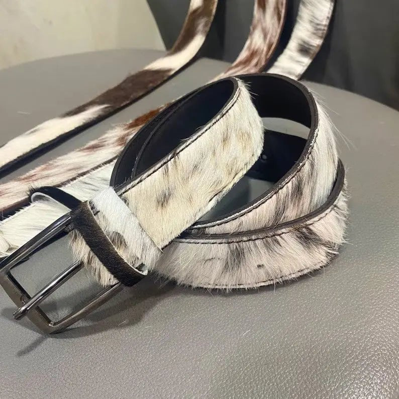 Oversized Handmade Cow - Skin Leather Belt Unisex – Real Cowhide Hair - On, Large & Durable for Men and Women | Tricolor Cowhide Leather Belts - Cowhide Kingdom