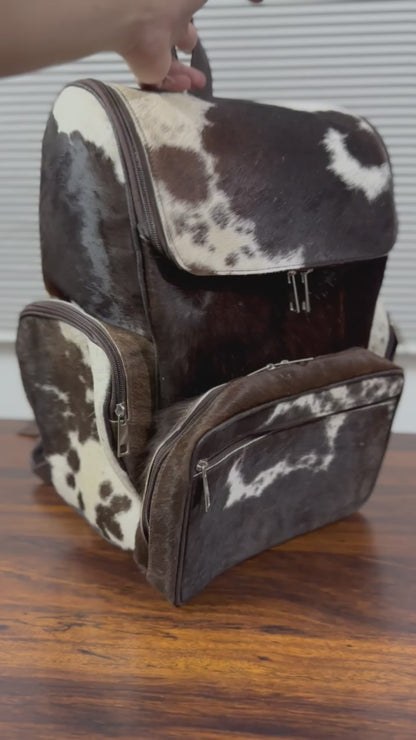 360 veiw of Cowhide leather backpack black white multi-pocket close-up