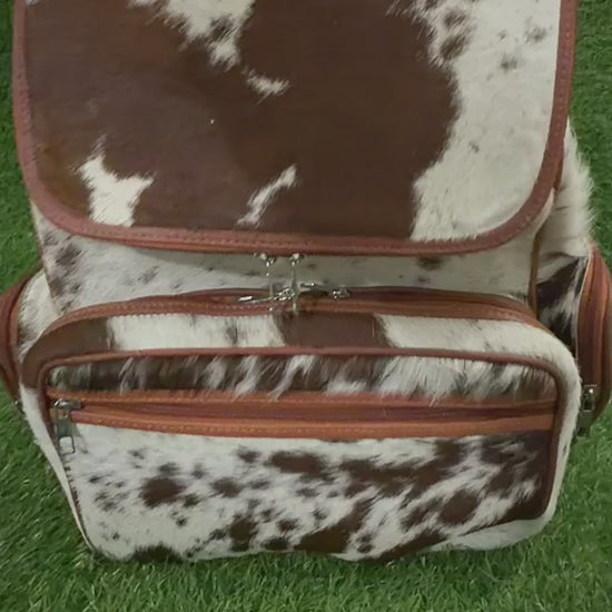 360 veiw of Cowhide leather backpack brown white speckled with tan trim