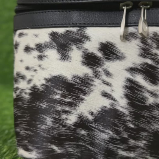360 view of Cowhide leather cosmetic bag black white speckled with black leather trim
