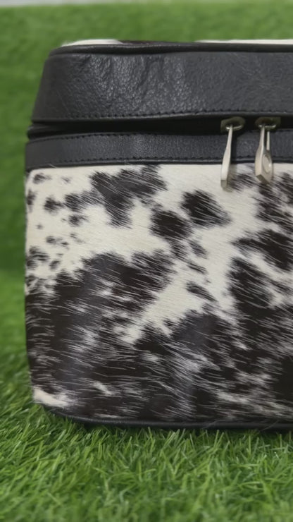 360 view of Cowhide leather cosmetic bag black white speckled with black leather trim