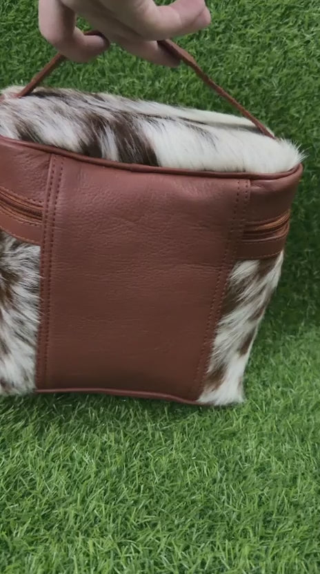 Cowhide leather cosmetic bag tan white with cognac leather trim