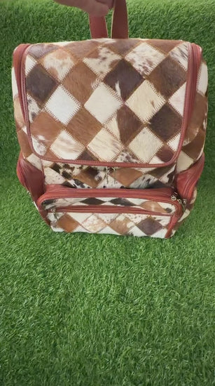 360 veiw of Cowhide leather patchwork backpack with diamond print pattern