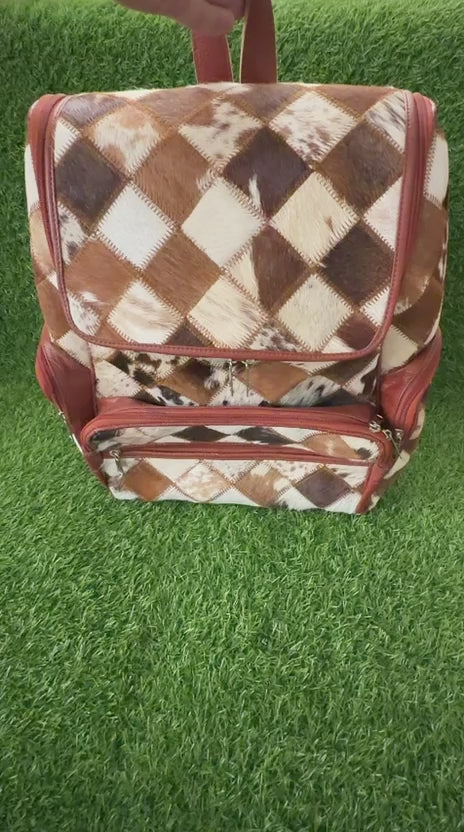 360 veiw of Cowhide leather patchwork backpack with diamond print pattern