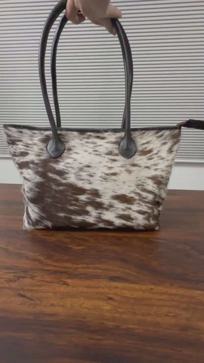 360 veiw of Cowhide leather tote bag brown white speckled with black handles