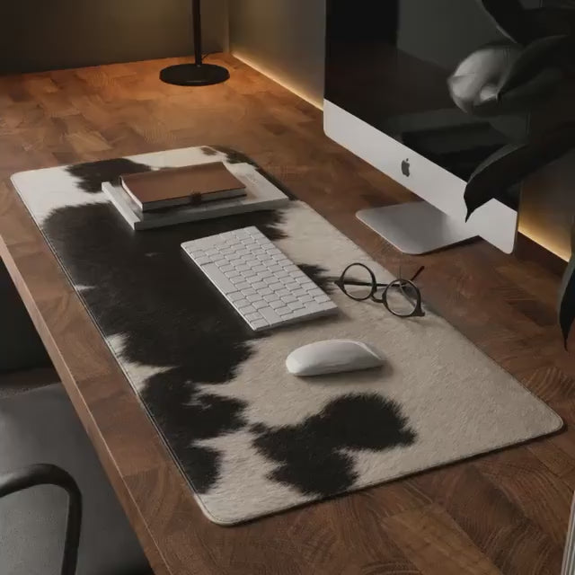 video of A black and white cow-print desk mat on a wooden desk, styled with a keyboard, mouse, glasses, and a notebook next to an iMac.