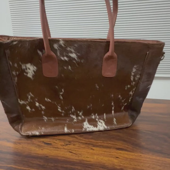 360 veiw of Cowhide leather tote bag dark brown white brushed with tan handles