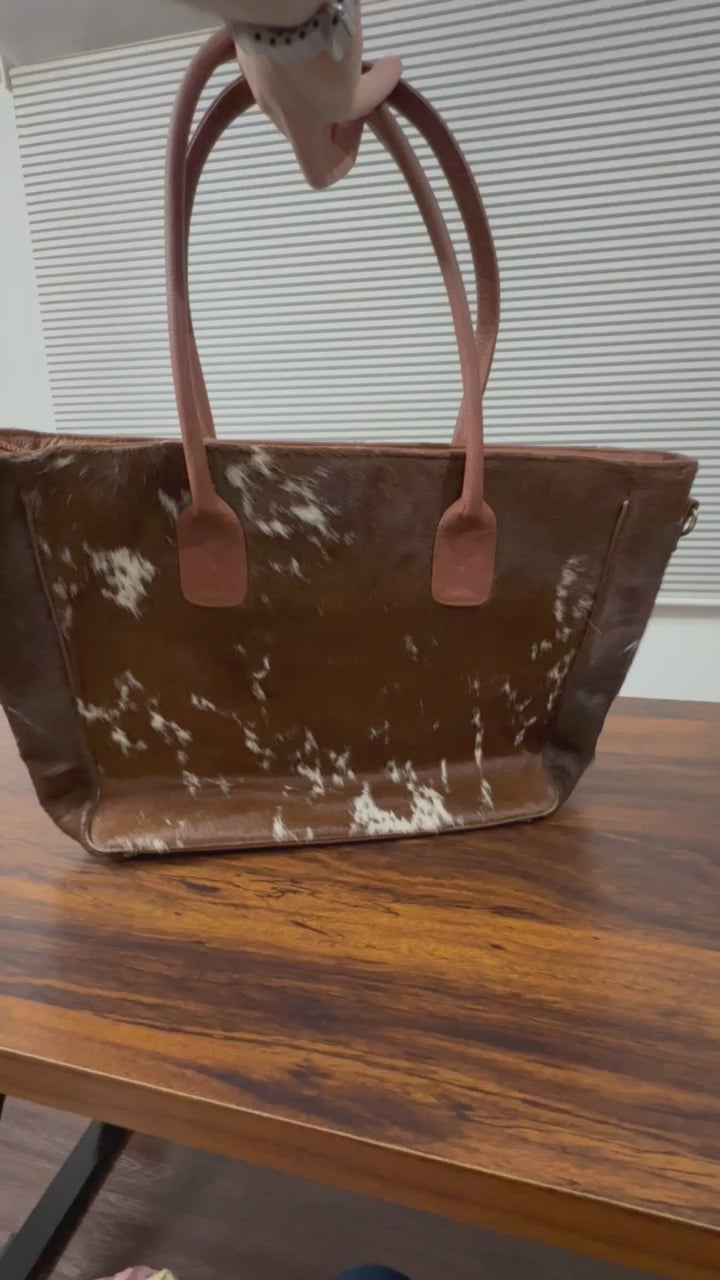 360 veiw of Cowhide leather tote bag dark brown white brushed with tan handles