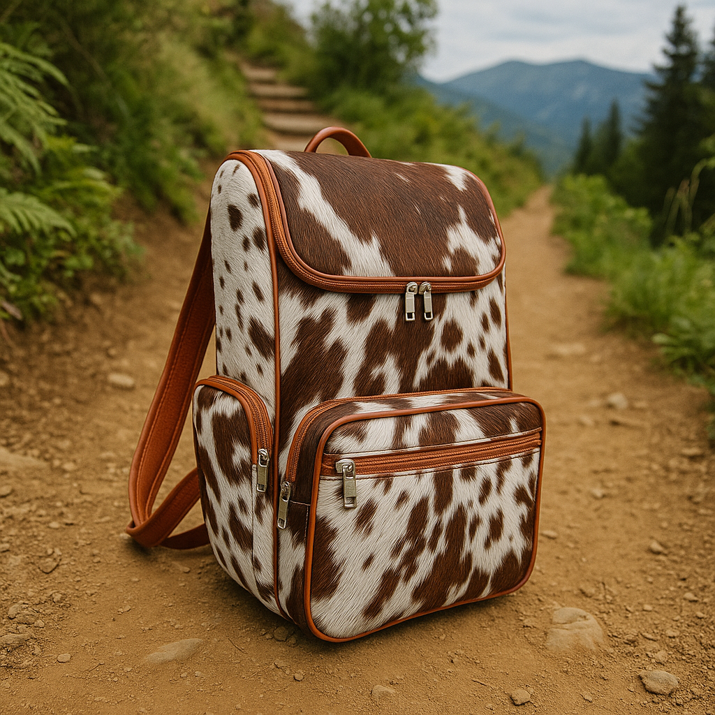 Brown & White Genuine Hair-On Cowhide Leather Backpack Handmade from Real Cowhide