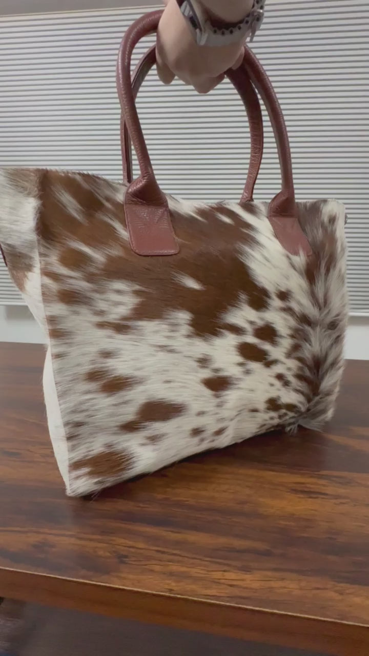 360 veiw of Cowhide leather tote bag brown white swirl with tan handles