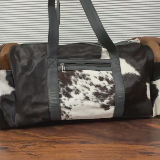 360 veiw of Cowhide leather duffel bag tricolor with black handles