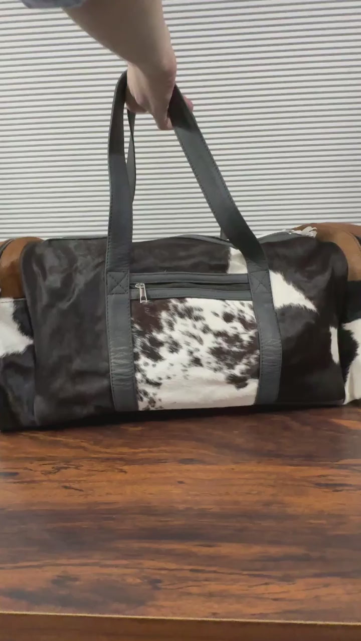 360 veiw of Cowhide leather duffel bag tricolor with black handles