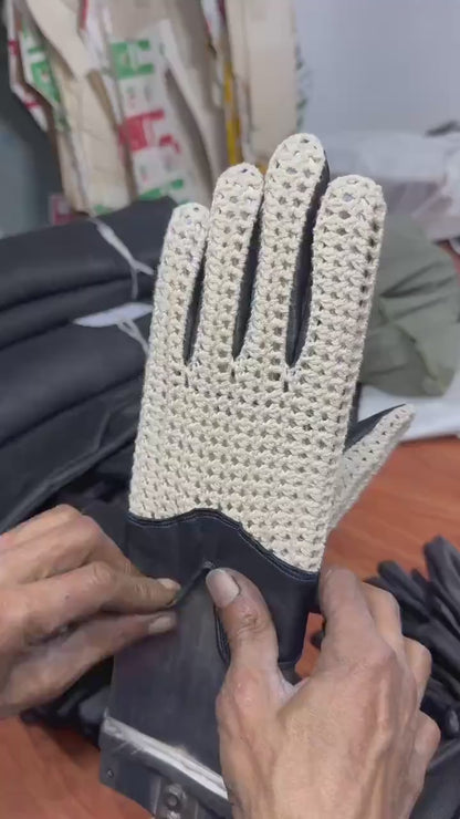 Men’s Black Leather Driving Gloves with Cream Crochet Back – Vintage Motoring Style