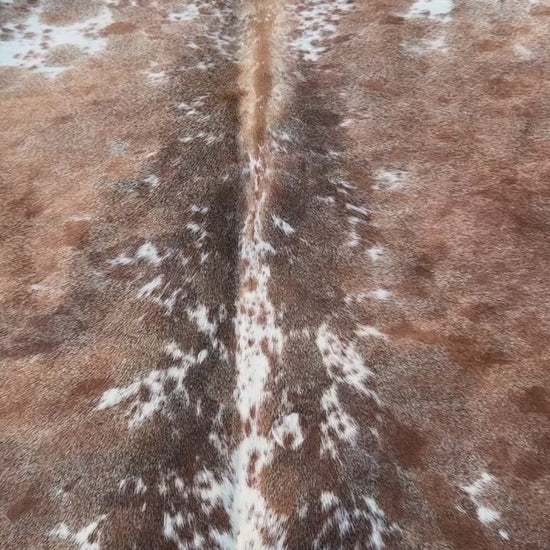 360 veiw of A natural cowhide rug with a brown, black, and white spotted pattern laid flat on a green grass lawn.