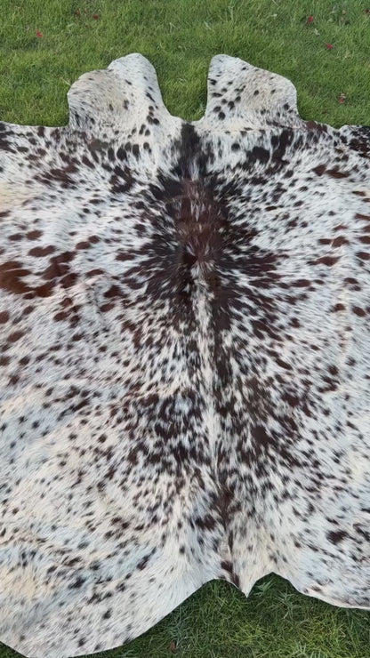 A natural cowhide rug with a black and white spotted pattern and tan edges, laid flat on a green grass lawn.
