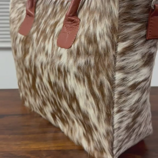 360 veiw of Cowhide leather tote bag brown white speckled with tan handles