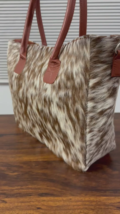 360 veiw of Cowhide leather tote bag brown white speckled with tan handles