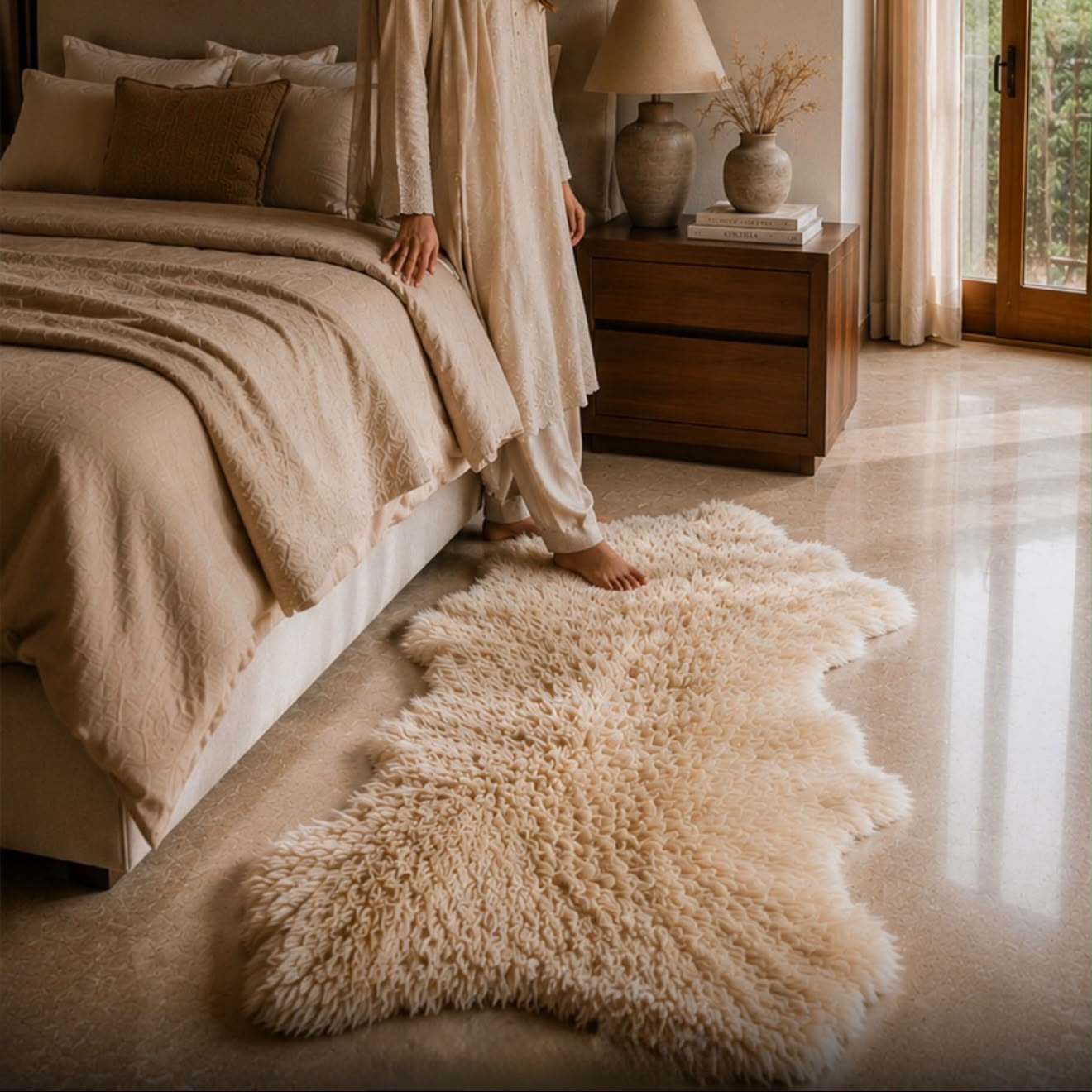 Single pelt sheepskin rug placed beside a bedroom bed