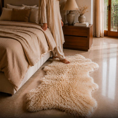 Single pelt sheepskin rug placed beside a bedroom bed