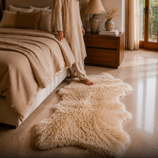 Single pelt sheepskin rug placed beside a bedroom bed