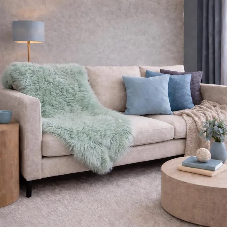 Sky blue grey sheepskin rug draped over a neutral sofa