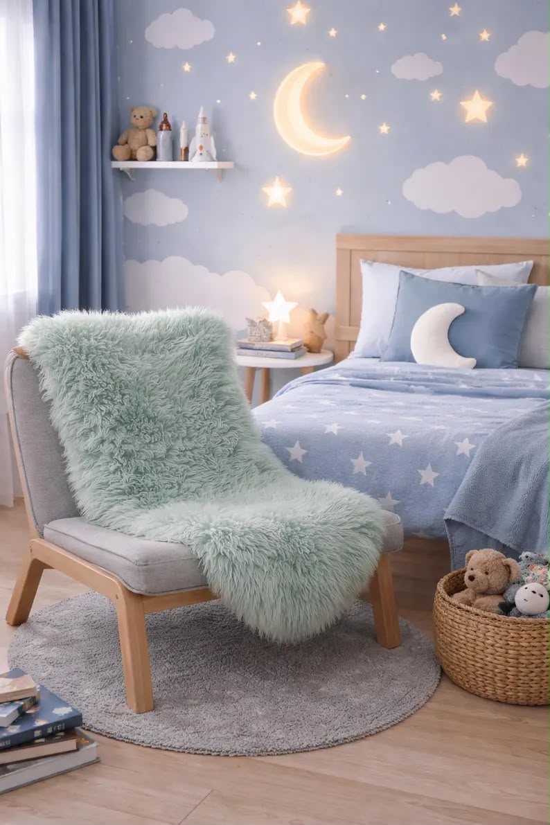 Sky blue grey sheepskin rug styled on a chair in a blue bedroom