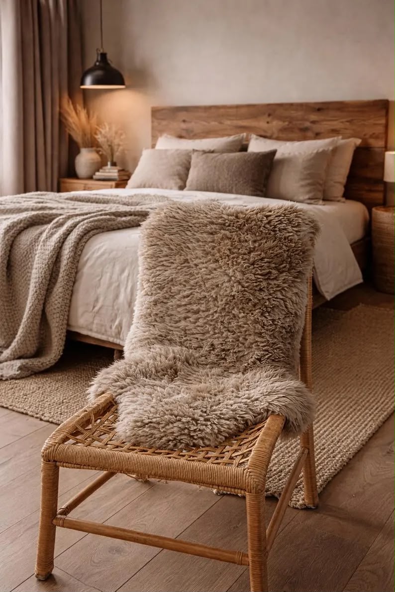 Taupe sheepskin rug styled on a chair in a warm neutral bedroom