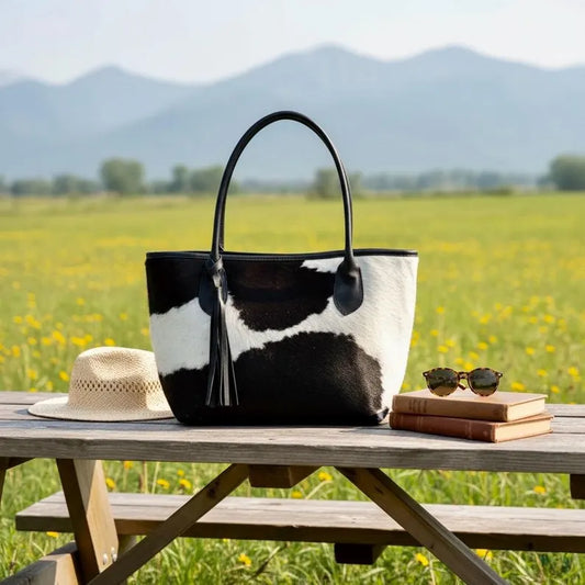 Handmade Genuine Cowhide Tote Bag – Black & White Real Leather Western Purse for Women, Hair-On Hide Shoulder Bag - See your bag before free shipping