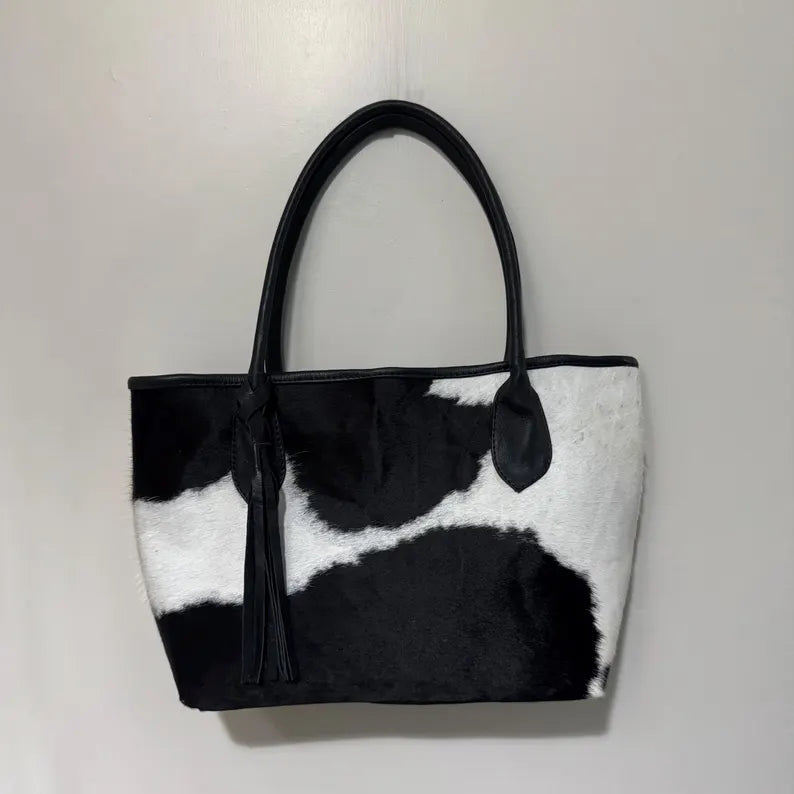 Handmade Genuine Cowhide Tote Bag – Black & White Real Leather Western Purse for Women, Hair-On Hide Shoulder Bag - See your bag before free shipping