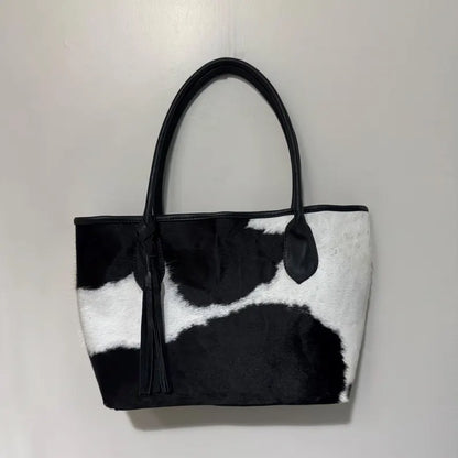 Handmade Genuine Cowhide Tote Bag – Black & White Real Leather Western Purse for Women, Hair-On Hide Shoulder Bag - See your bag before free shipping